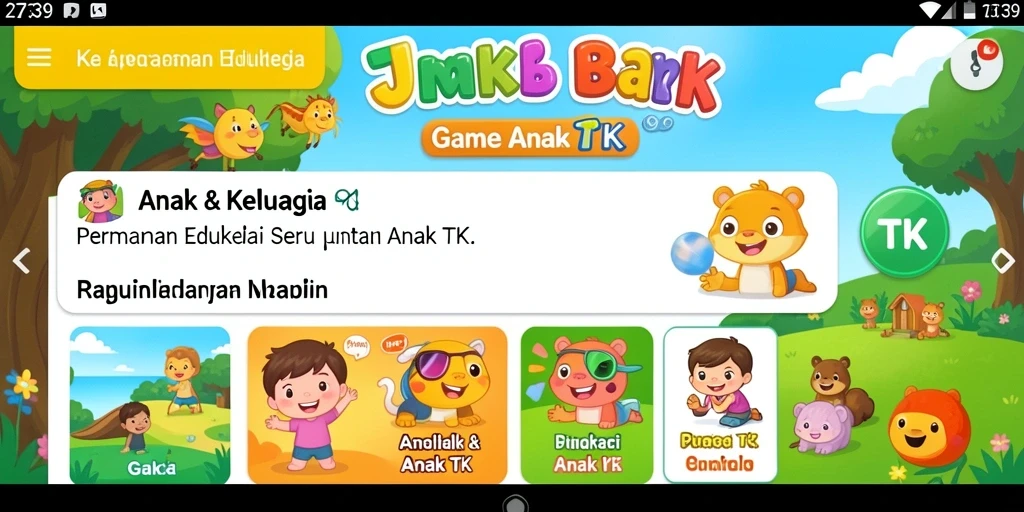 Antarmuka aplikasi Game Anak TK yang penuh warna dan menarik.