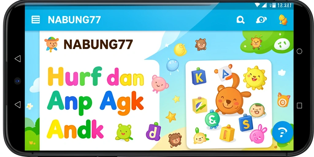 Antarmuka aplikasi NABUNG77 untuk belajar huruf dan angka yang interaktif.