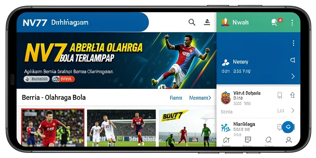 Antarmuka NV77 menampilkan berita olahraga bola terbaru dan statistik pertandingan.