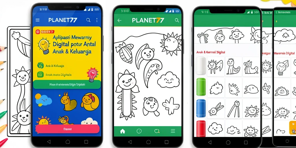 Antarmuka aplikasi PLANET77 dengan fitur mewarnai digital.